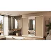 A bedroom scene featuring a large sliding door wardrobe with mirrored and slatted doors, a dressing table with a round mirror, and a chair. Produktbild-Vorschau