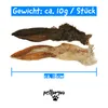 Two dried rabbit ears with fur, with text annotations indicating weight and size, and a brand logo. Produktbild-Vorschau