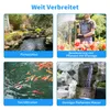 A collage of four images showing different applications of a water pump, including a pond, watering plants, a koi pond, and a waterfall feature. Produktbild-Vorschau