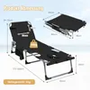 A black foldable sun lounger with dimensions and weight information displayed. Podgląd zdjęcia produktu
