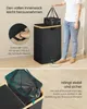 A person is demonstrating how to remove the inner bag from a laundry basket. Another section shows a close-up of the basket's frame. Produktbild-Vorschau