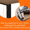 Close-up of a table edge and a caliper measuring the thickness of the material, with text overlay describing the product's features. Produktbild-Vorschau