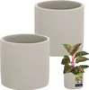 Two light gray ceramic cylinder planters are shown, with one planter in the foreground and another in the background. A small potted plant with green and red leaves is placed in front of the foreground planter. Náhled obrázku produktu