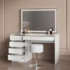 A white vanity table with a large LED mirror and a white stool in a room with light brown walls. Produktbild-Vorschau