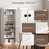 A white kitchen cabinet with its doors open, displaying shelves filled with various items. Callouts highlight specific features of the cabinet. Náhled obrázku produktu