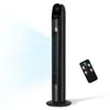 A black tower fan with a remote control on a white background. Air is shown being emitted from the fan. Anteprima dell’immagine prodotto