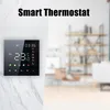 A smart thermostat is mounted on a marble wall, with a blurred background of a modern room interior. Produktbild-Vorschau
