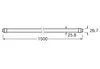 A technical drawing of a fluorescent tube light with dimensions indicated. Voir les images du produit