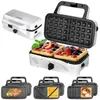 A collage of a multi-functional kitchen appliance, showing its waffle-making function, and different plate attachments for grilling and making sandwiches. The appliance is white with black accents and plates. Produktbild-Vorschau