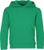 A plain studio shot of a green hooded sweatshirt for children.