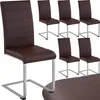 A set of four brown faux leather dining chairs with silver sled bases are shown. Another chair is partially visible on the left. Náhled obrázku produktu