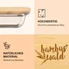 A collage of images showcasing a glass container with a bamboo lid, highlighting its features and material. Produktbild-Vorschau