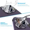 Collage showing a smartphone camera lens protector being tested for water resistance and impact resistance. Produktbild-Vorschau