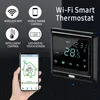 A marketing image for a Wi-Fi smart thermostat, showing the product and its features alongside a smartphone app interface. Náhled obrázku produktu