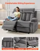 A woman is sitting on a gray loveseat recliner, using a laptop. The image also includes close-up shots of the recliner's features. Podgląd zdjęcia produktu