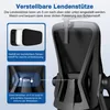Close-up view of the backrest of an office chair, highlighting adjustable lumbar support features with text overlays and diagrams. Produktbild-Vorschau