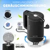 A marketing image for a black electric kettle, showcasing its features with text overlays and dimensions. Produktbild-Vorschau