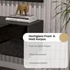 A close-up view of a black TV lowboard with a decorative sculpture on top, and a plant in the background. A white overlay highlights product features. Produktbild-Vorschau