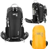 A collage of images showing a black backpack, a black backpack with hiking poles and a water bottle, and an orange rain cover for a backpack. Náhľad obrázku produktu