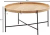 A round wooden coffee table with black metal legs, shown with dimensions indicated by measurement lines and text. Voir les images du produit