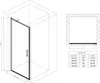 An isometric view of a shower door and enclosure, with a technical diagram and a size chart on the right. Produktbild-Vorschau