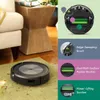 A robot vacuum cleaner is shown on a rug next to a couch and a wooden side table. The image also includes close-ups of the robot's features with text descriptions. Anteprima dell’immagine prodotto