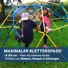 Two children are playing on a geodesic dome climber in a grassy yard. Produktbild-Vorschau