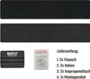 The image displays the contents of a product package, including two strips of hook-and-loop fasteners, an alcohol wipe, and a squeegee tool. Produktbild-Vorschau