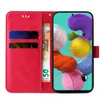 A red flip phone case with floral embossing is shown open, revealing card slots and a banknote. A smartphone is displayed within the case. Produktbild-Vorschau