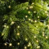 A close-up of green fir tree branches decorated with warm white LED string lights. Produktbild-Vorschau
