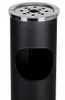 A black cylindrical trash can with a silver top and an opening in the front. Náhled obrázku produktu