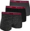 Three pairs of men's boxer shorts are stacked on top of each other against a white background. The top pair is gray, the middle pair is black, and the bottom pair has a repeating pattern of the brand name 'Mustang'. All pairs have a red waistband with the  Produktbild-Vorschau