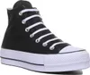 A black high-top Converse sneaker with white laces and a white platform sole is shown against a white background. Voir les images du produit