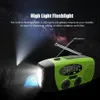 A green and black emergency radio with a flashlight is shown in a dark, starry environment, with a tent and two people in the background. Produktbild-Vorschau