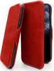 Two red leather phone cases are displayed against a white background. One case is open, showing the phone screen, while the other is closed. Anteprima dell’immagine prodotto