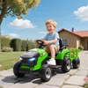 A young boy is happily riding a green toy tractor with a trailer in a sunny backyard. Náhľad obrázku produktu
