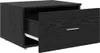 A black filing cabinet with one drawer pulled out, showing the interior and drawer slides. The cabinet has a wood grain texture and sits on small wheels. Produktbild-Vorschau