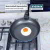 A frying pan with a fried egg on a stovetop, with marketing text and a logo overlay. Produktbild-Vorschau