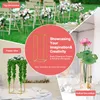 Collage of wedding decorations featuring gold geometric stands with flowers and greenery. Produktbild-Vorschau