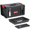 A black tool box with red latches and a gray handle, along with a black tray and lid, displayed on a white background. Voir les images du produit
