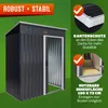 A dark gray metal garden shed with an open sliding door, set against a green background. Text overlays highlight features like robustness, stability, edge protection, and usable interior dimensions. Anteprima dell’immagine prodotto