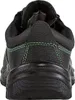 Close-up view of the heel and back of a black safety shoe with green stitching. Produktbild-Vorschau