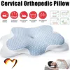 A cervical orthopedic pillow is shown with icons and diagrams illustrating its features and benefits. A woman is shown sleeping on a similar pillow in the lower right corner. Produktbild-Vorschau