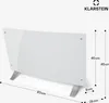 A white electric heater with metal legs is shown against a white background, with dimensions indicated by lines and text. Produktbild-Vorschau