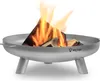 A silver metal fire pit with burning logs inside, set against a white background. Produktbild-Vorschau