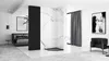 A modern bathroom and bedroom setup with a shower enclosure and bed. Náhľad obrázku produktu