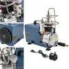 A collage of an electric high-pressure air compressor, showing different angles and details of the device, along with its power cord and a small pump. Náhľad obrázku produktu
