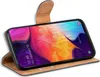 A smartphone in a brown flip case, displayed at an angle against a white background. Produktbild-Vorschau