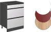 A kitchen cabinet with three drawers and three circular samples of different finishes next to it. Anteprima dell’immagine prodotto