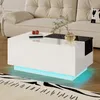 A modern white coffee table with LED lighting in a living room setting. Podgląd zdjęcia produktu